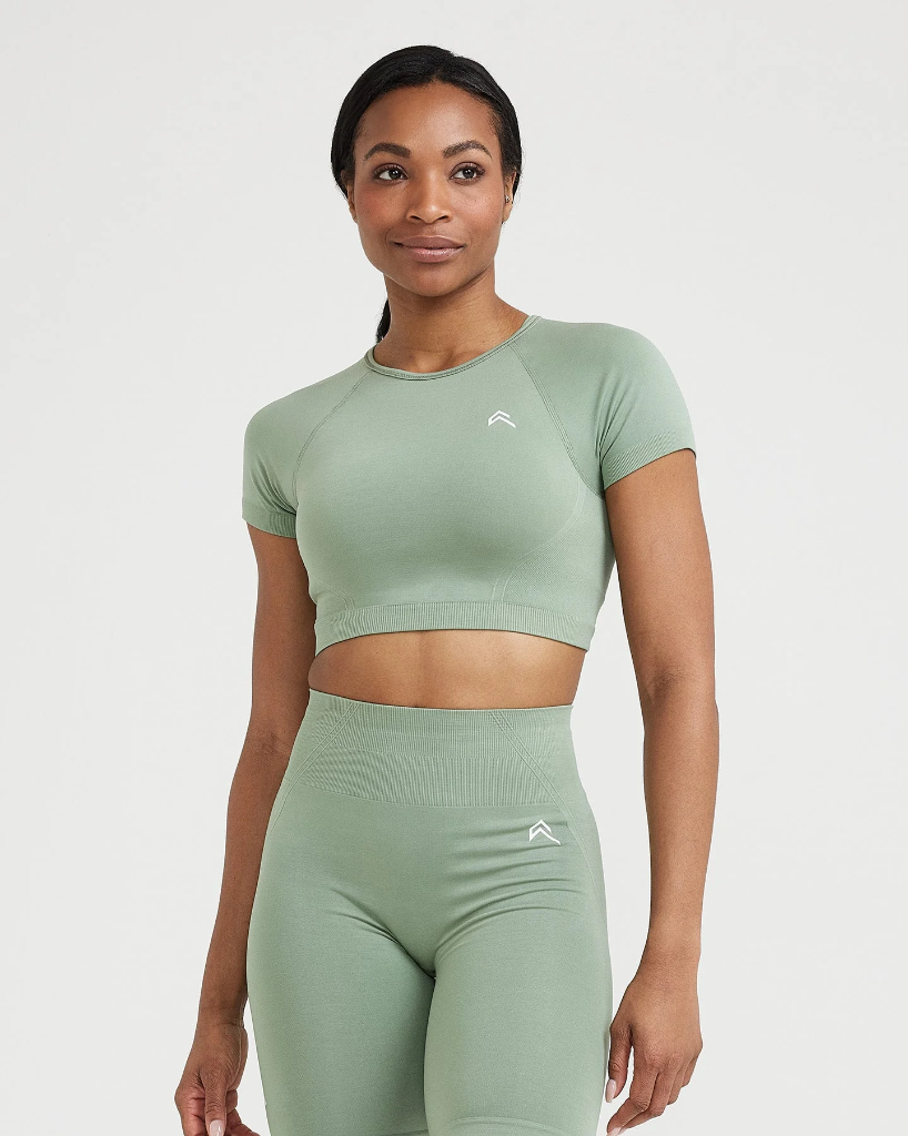 Effortless Seamless Short Sleeve Crop Top -  Sage Green - M