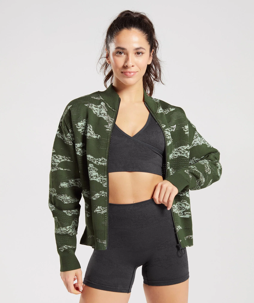 Gymshark Adapt Camo Seamless Track Jacket - Moss Olive/Aloe Green - S 
