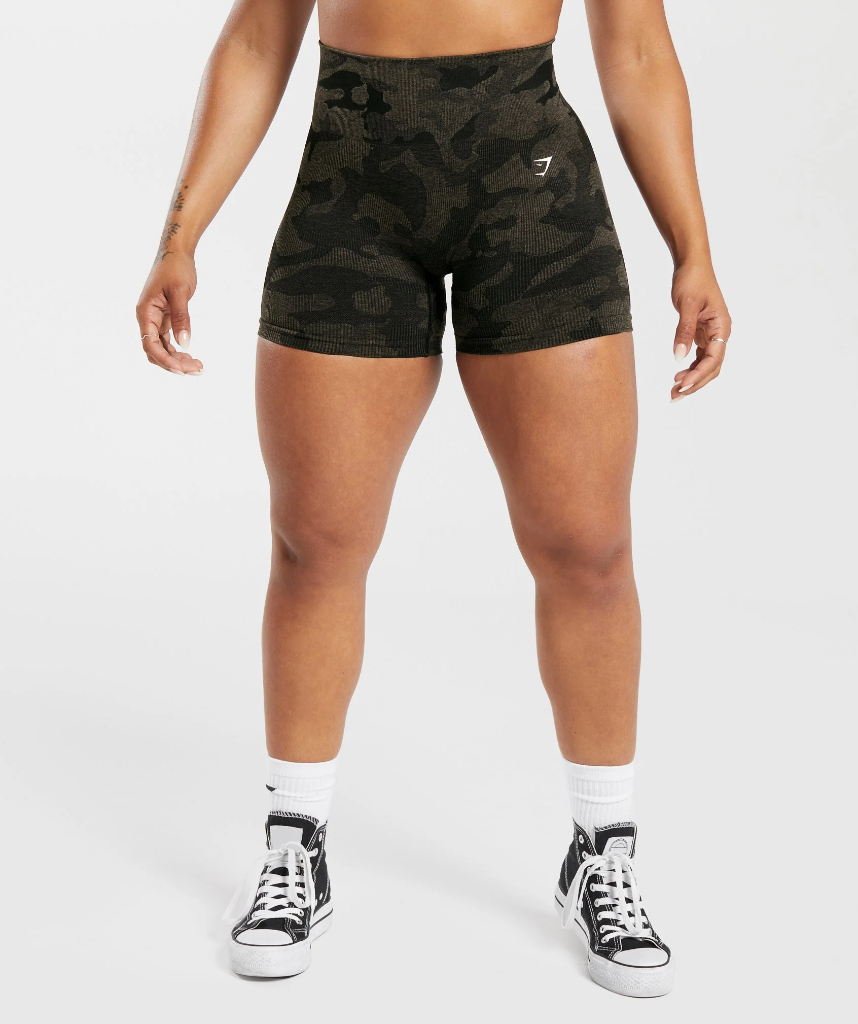 Gymshark Adapt Camo Seamless Ribbed Shorts - Black/Camo Brown - XS