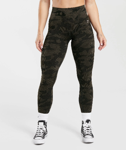 Gymshark Adapt Camo Seamless Ribbed Leggings - Black/Camo Brown - XS -